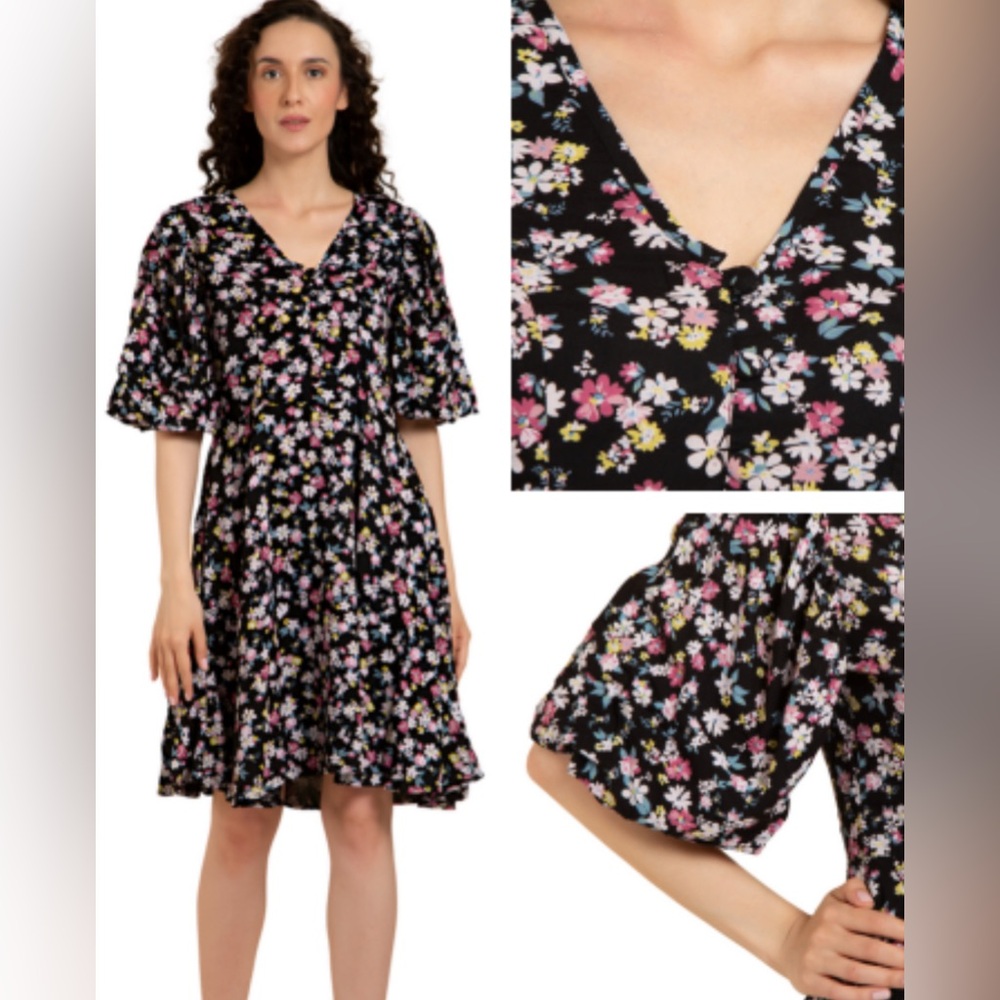 NWT Ribion Dress Balloon‎ Sleeves Women’s L Boho V-Neck Loose Fit Flare Floral